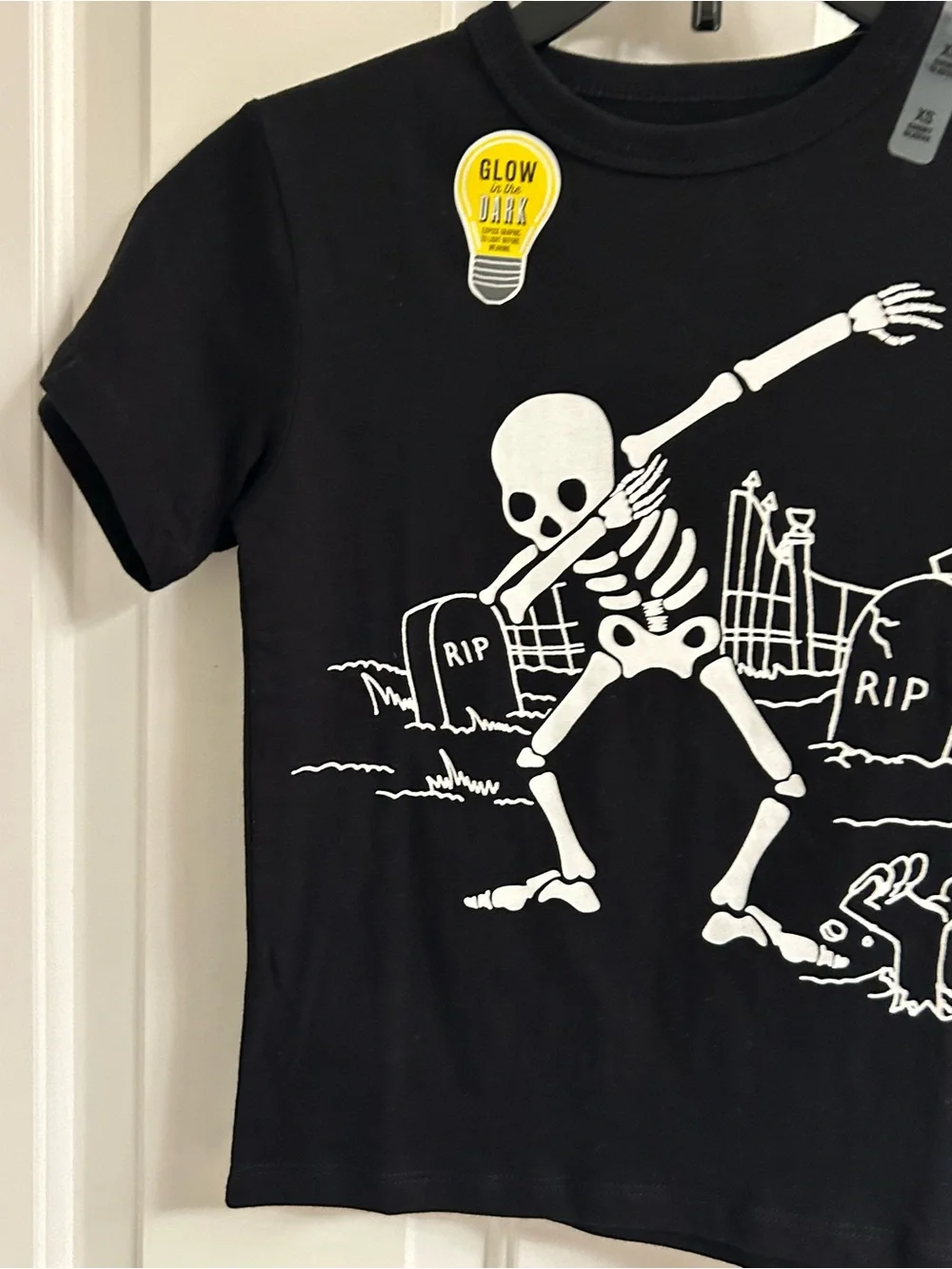 NWT-Boys The Children's Place Black Short-Sleeve Tee with Glow Skeleton Graphic